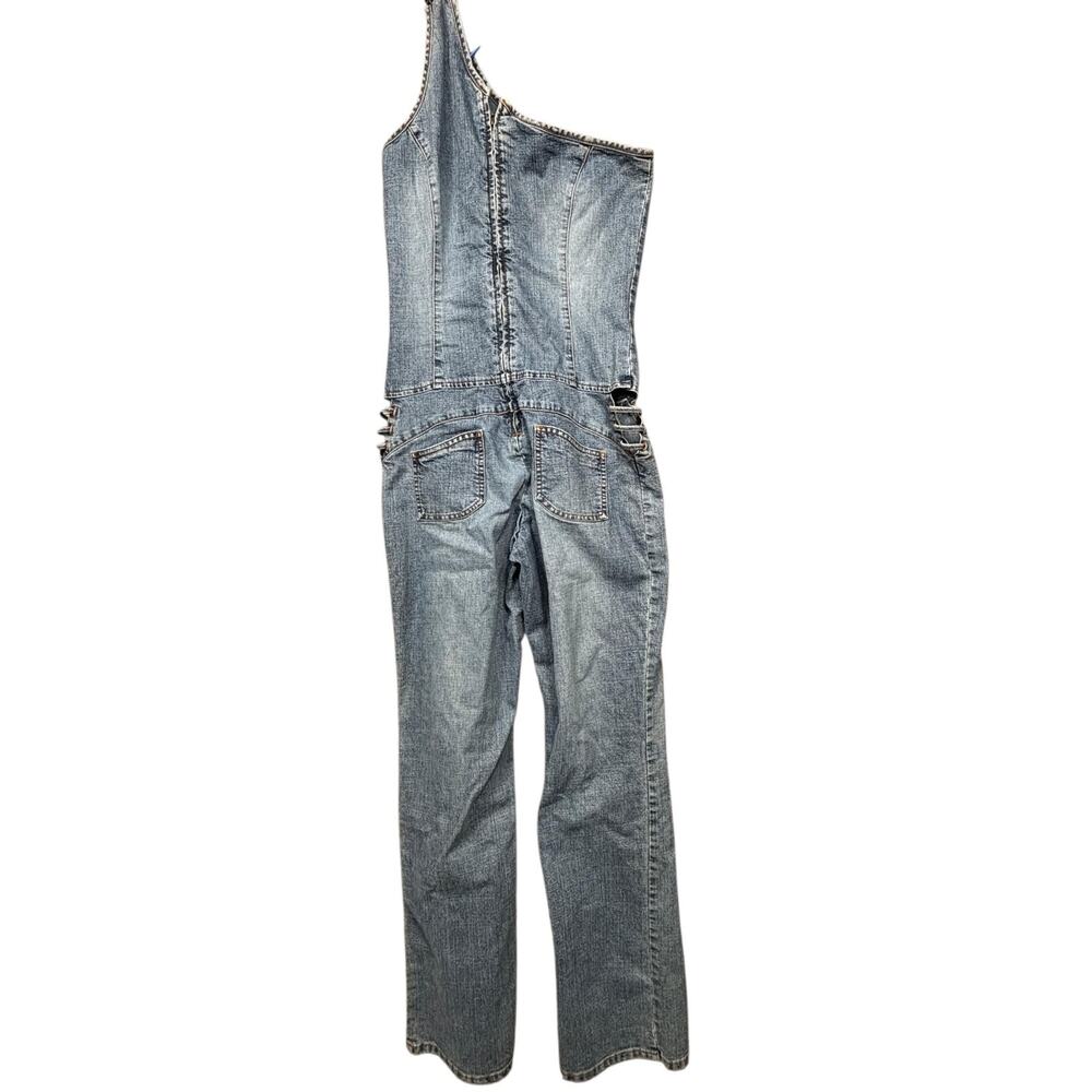 FUBU Jumpsuit Womens 9/10 Blue Denim One Shoulder Zip Stretch Logo Casual